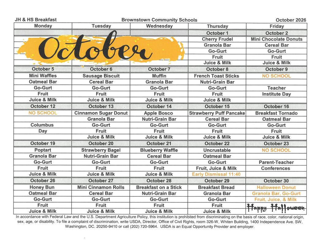 October 2026 BHS Breakfast Menu