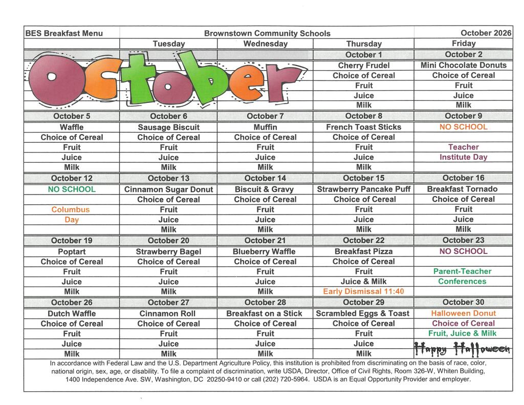 October 2026 BES Breakfast Menu