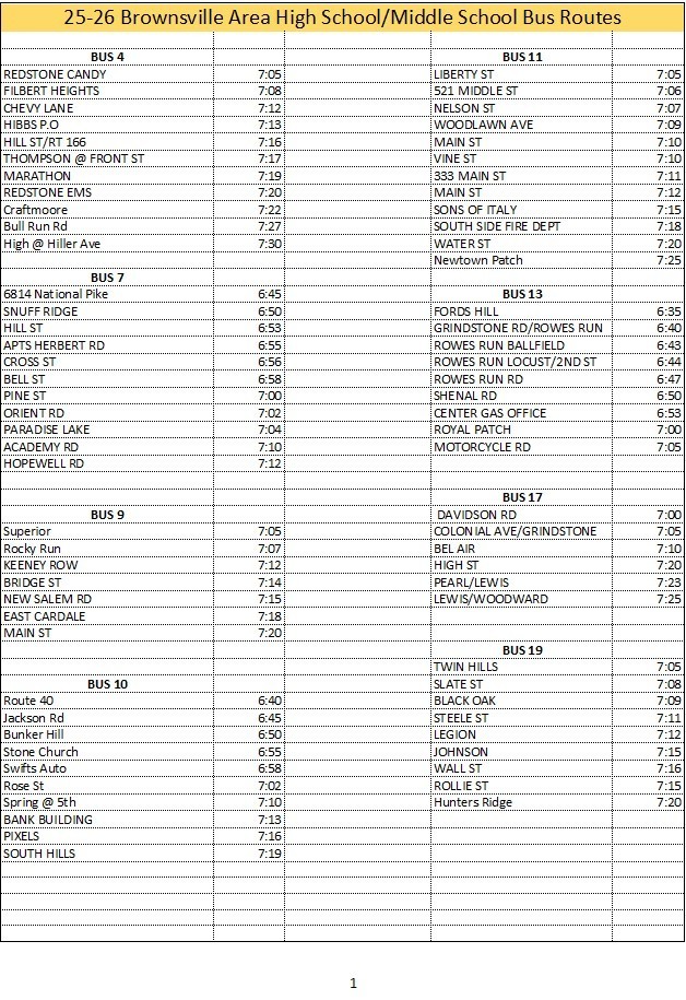 25-26 Brownsville HS-MS Bus Times Page 1