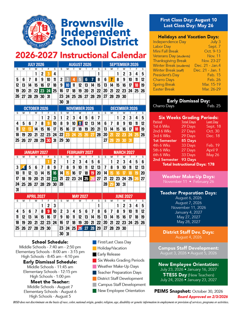 📅 2026-2027 Instructional Calendar Approved At this evening’s Board Meeting, the Brownsville ISD Board of Trustees officially approved the instructional calendar for the 2026–2027 academic year.