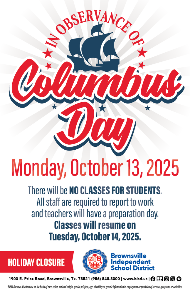 In observance of Columbus Day, there will be no classes for students on