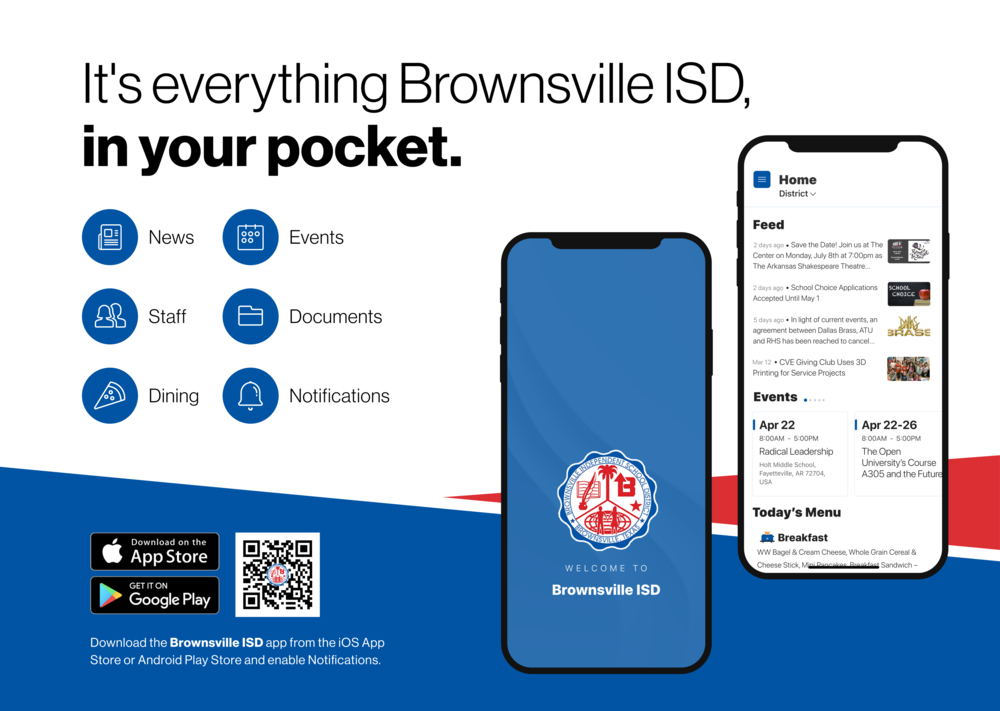 An image promoting the Brownsville ISD mobile app, showing its features on three phone screens with download options.