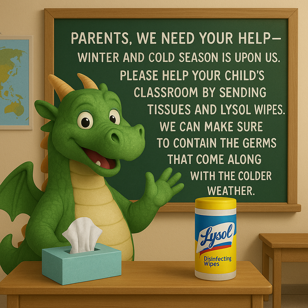 Parents: We need your help - Winter and cold season is upon us. Please help your child's classroom by sending Tissues and Lysol Wipes. We can make sure to contain the germs that come along with the colder weather.
