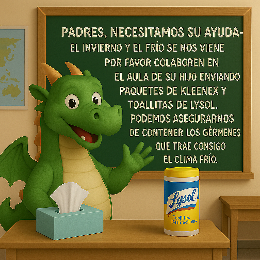 Padres: Necesitamos su ayuda: la temporada de invierno y frío está sobre nosotros. Por favor, ayuden al aula de su hijo enviando Kleenex y toallitas Lysol. Podemos asegurarnos de contener los gérmenes que vienen con el clima frío.