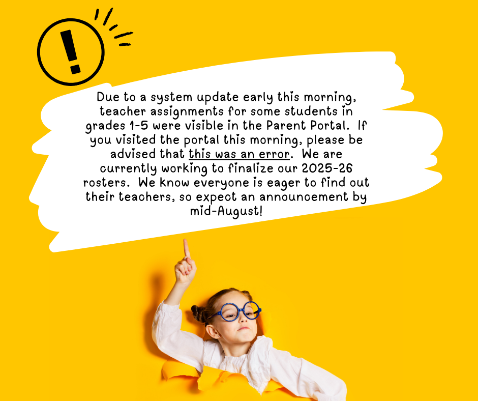 Announcement on error with elementary teacher assignments visible in Parent Portal