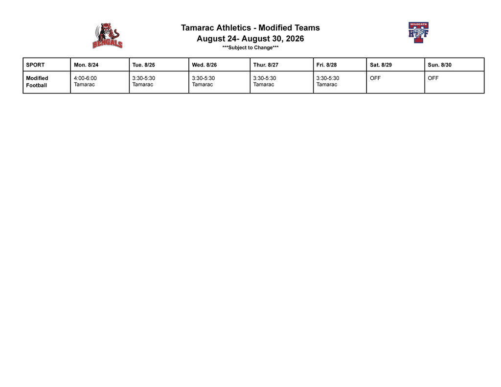 Tamarac Athletics Schedule - week of 8/24