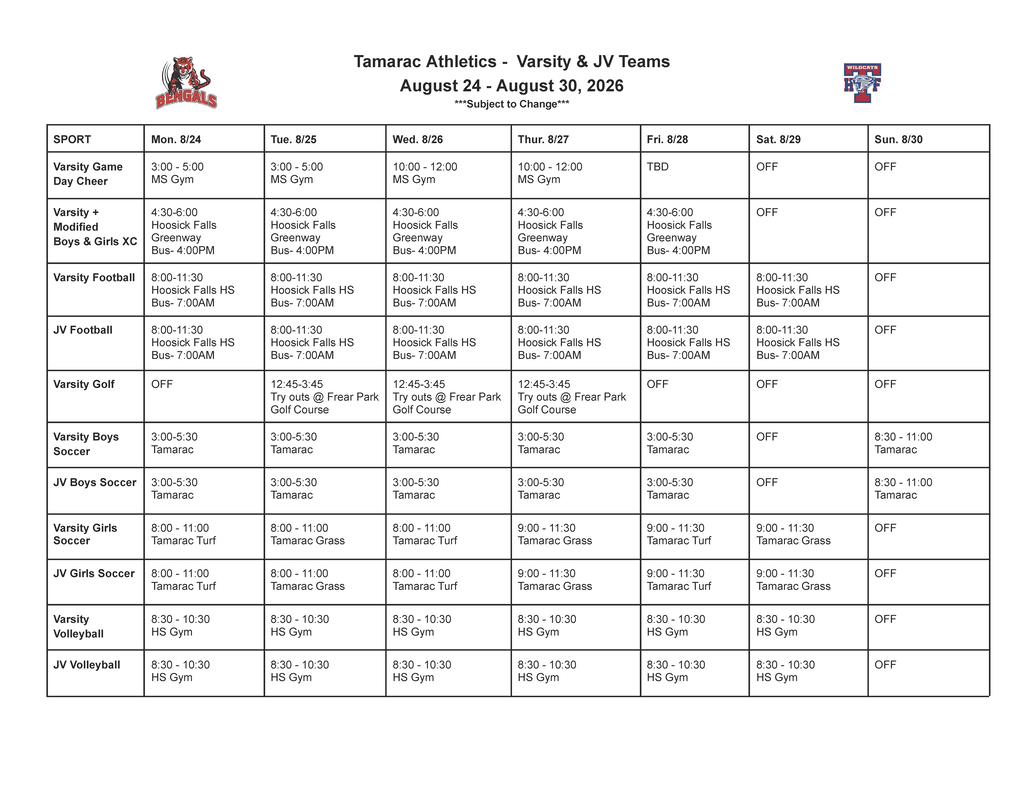 Tamarac Athletics Schedule - week of 8/24