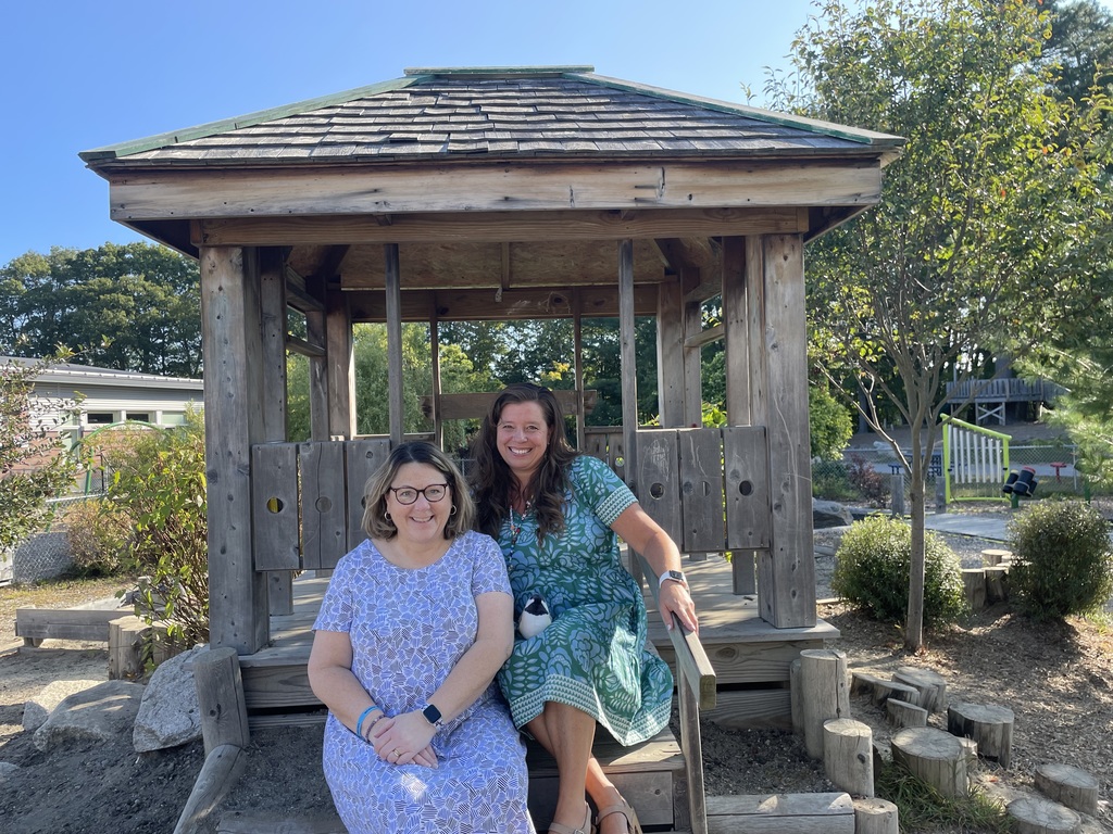 Assistant Principal Jennifer Vitiello and Principal Annie Young show off one of the many beautiful outdoor place spaces at the Brunswick School Department’s preK to grade 2 school, Kate Furbish Elementary.
