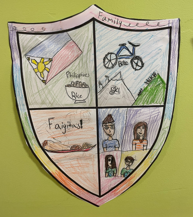 family shield including Philippines, fajitas, and biking