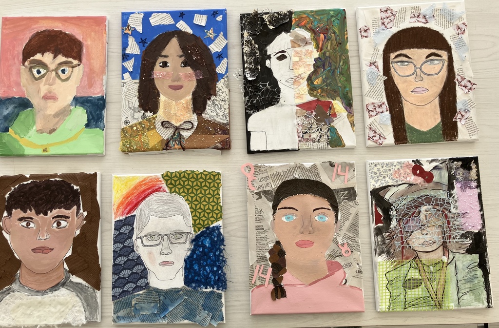 Student self portraits created using mixed media.