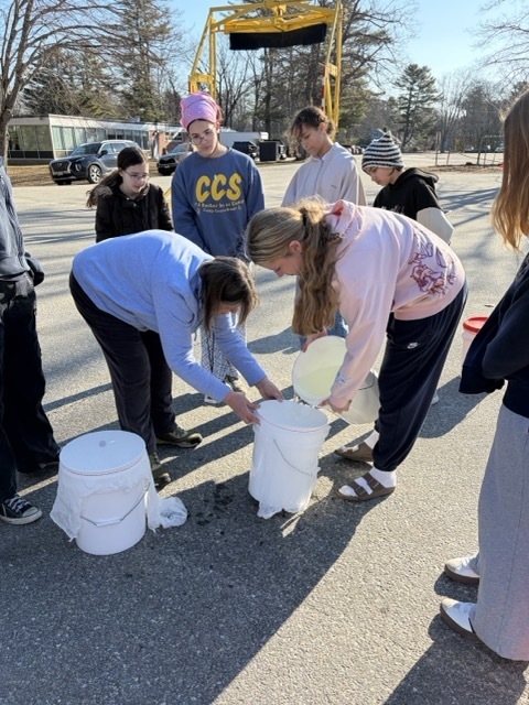 Student and teacher pouring sap into a bucket to strain it while several students watch.