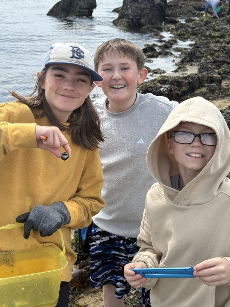 Three students at the beach holding a hermit crab.