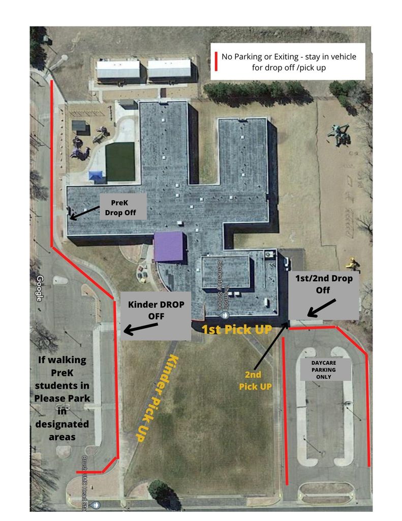 Drop Off and Pick Up map. If walking PreK and K students in, please park in designated areas. No Exiting the vehicles in the loops, only in the parking lots.