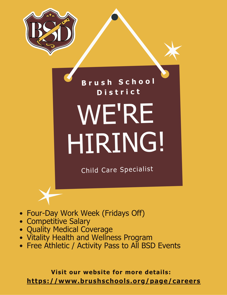 Brush School District hiring flyer for Child Care Specialist
