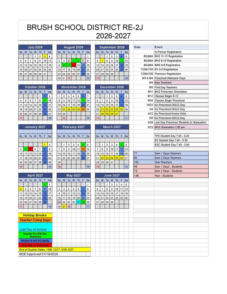Brush School District 2026-2027 School Calendar
