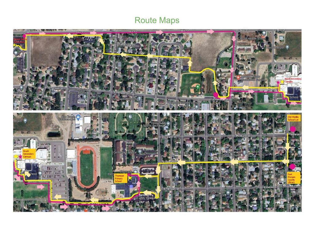 Route Map showing the starting point on the east end of town and traveling west to the various schools in yellow. The route starting on the west end of town and traveling east to the various schools in magenta.