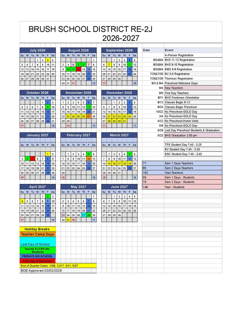 Brush School District 2026-2027 School Calendar