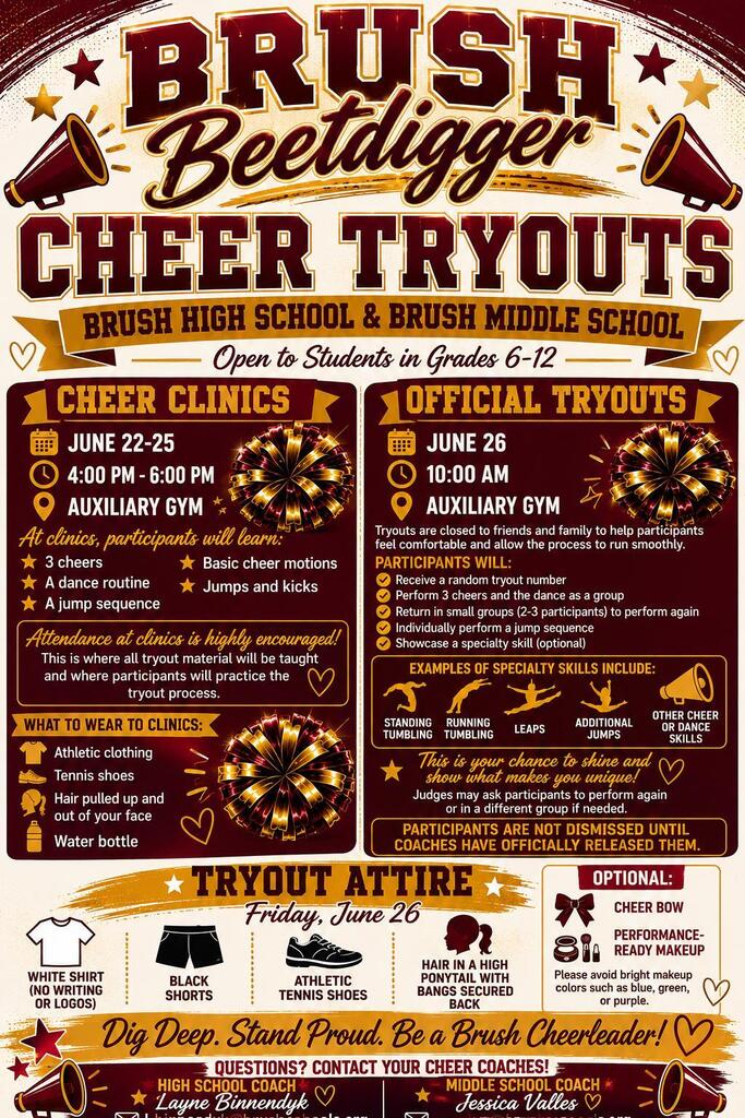 Try-outs are closed to friends and family.  This is to ensure that the participants are not intimidated by a crowd and to keep the process running quickly.  Only those participating in try-outs will be allowed in the gym.   All participants will be given a try-out number at random.  As a group the participants will perform the 3 cheers, and the dance that they learned at clinics in front of our judge/judges.  They will then be dismissed and come back in as groups of 2 or 3.  At this time the participants will perform the 3 cheers and dance together.  Then one at a time you will be asked to perform a jump sequence and asked to do a specialty if you have one.  This can include tumbling (running or standing) leaps, other jumps etc.  This is something special that you have! This is your time to shine! ☺  If need be, our judge may ask to see you try-out again or with a different group of girls!  You are not dismissed from tryouts until coaches tell you that you are allowed to leave!    ATTIRE FOR TRY-OUTS: 	On Friday, June 26th, please wear a white shirt with no writing on it, black shorts, and athletic tennis shoes.  Please have hair in a fully pony tail with bangs back out of your face.  You may wear a bow if would like to.  If wearing make-up please be sure that it is performance ready! Please no bright colors (blue, green, purple, etc). 