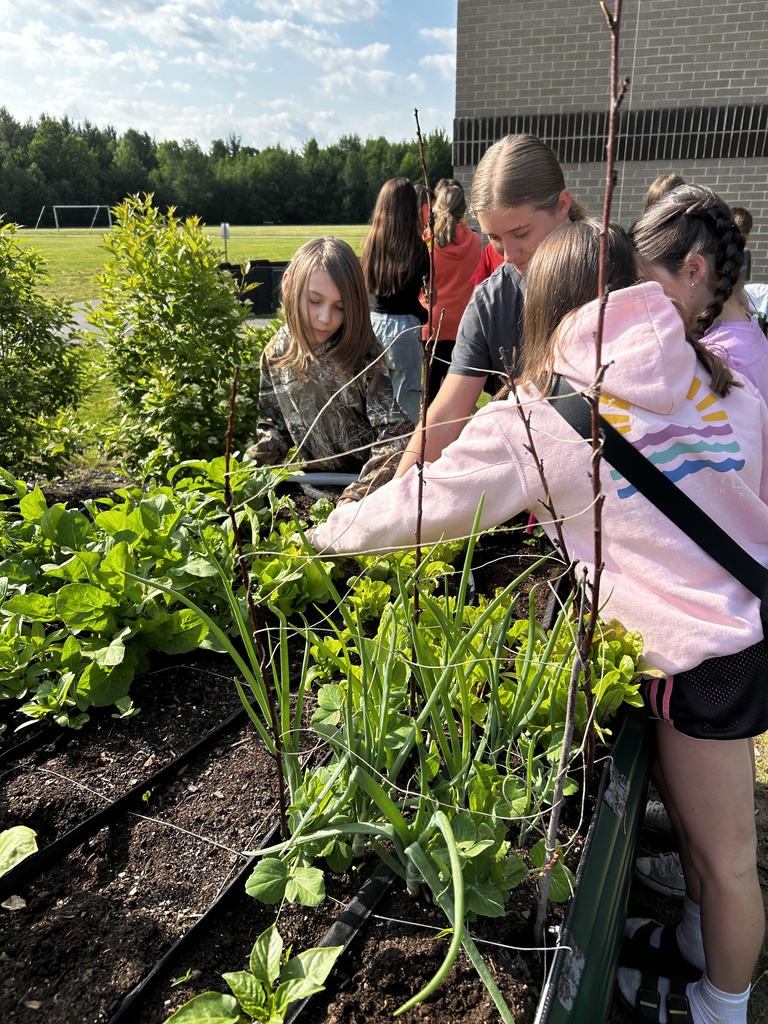 Girls working in raised garden beds
