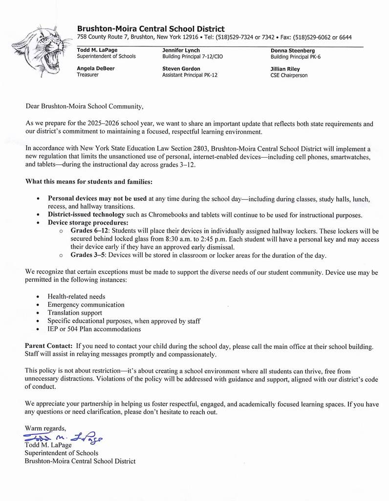 Cell Phone Policy Letter