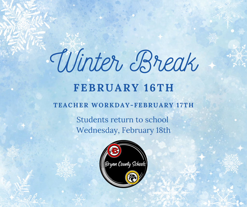 blue background with snowflakes and the Bryan County Schools Logo