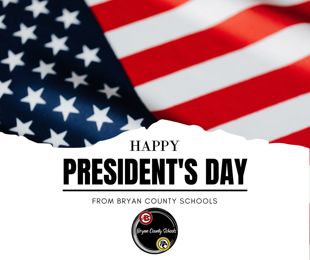 American flag waving in the background with text and the Bryan County Schools logo