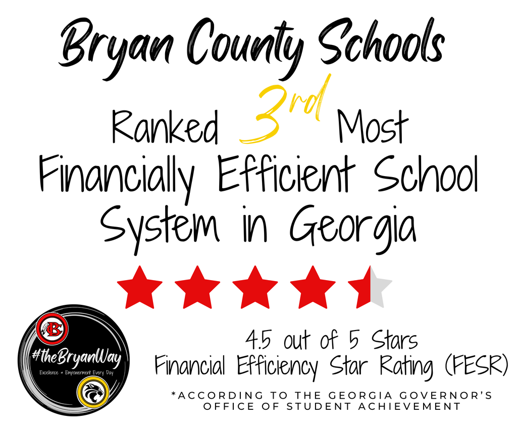 Bryan County Schools ranked 3rd most financially efficient school system in GA.