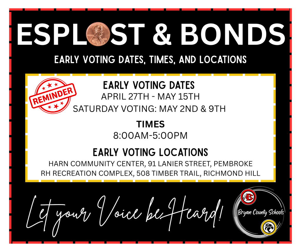 Reminder! Early voting starts Monday, April 27th and runs through Friday, May 15th from 8:00 AM – 5:00 PM. Saturday voting will be available on May 2nd and May 9th. Registered voters can cast their ballot at either location: 📍Harn Community Center, 91 Lanier Street in Pembroke 📍 Richmond Hill Recreation Complex, 508 Timber Trail in Richmond Hill Let your voice be heard!