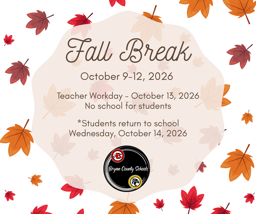 Autumn leaves scattered around a white oval. Text: "Fall Break October 9-12, 2026. Teacher Workday - October 13, 2026. No school for students."
