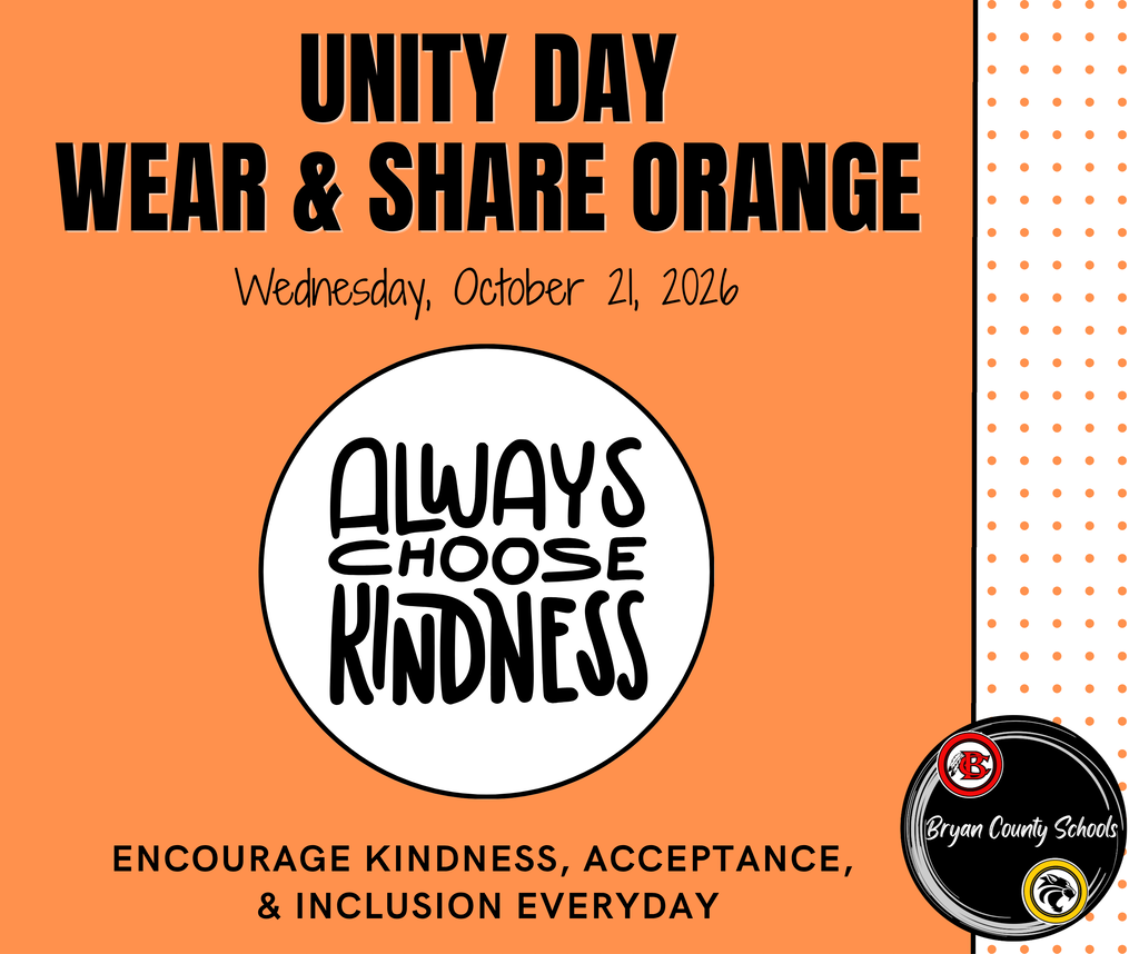 Poster with orange background. Text reads "Unity Day: Wear & Share Orange Wednesday, October 21, 2026". Black logo reads "Always Choose Kindness" inside a white circle.