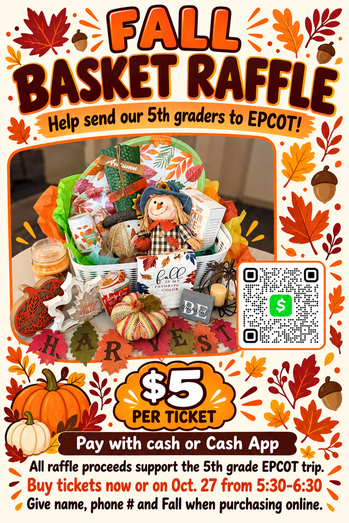 Fall basket raffle poster with pumpkins, a basket, and colorful leaves. A QR code and a cash symbol are on the right.