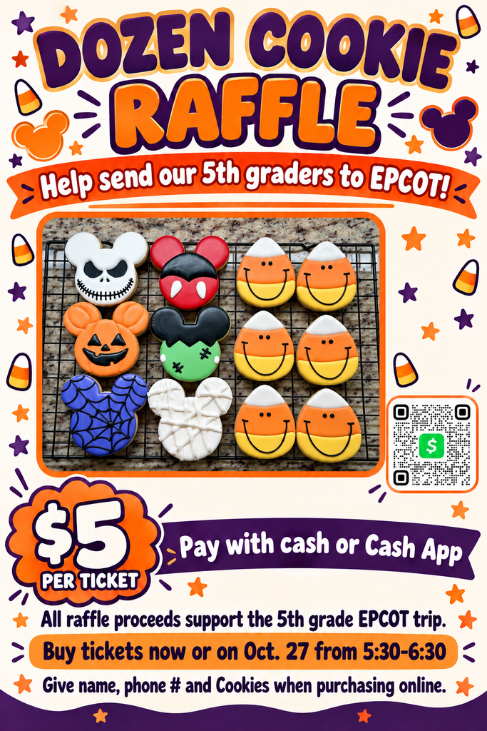 Poster for cookie raffle with cookies decorated as Halloween characters, pumpkin, and candy corn on a wire rack.