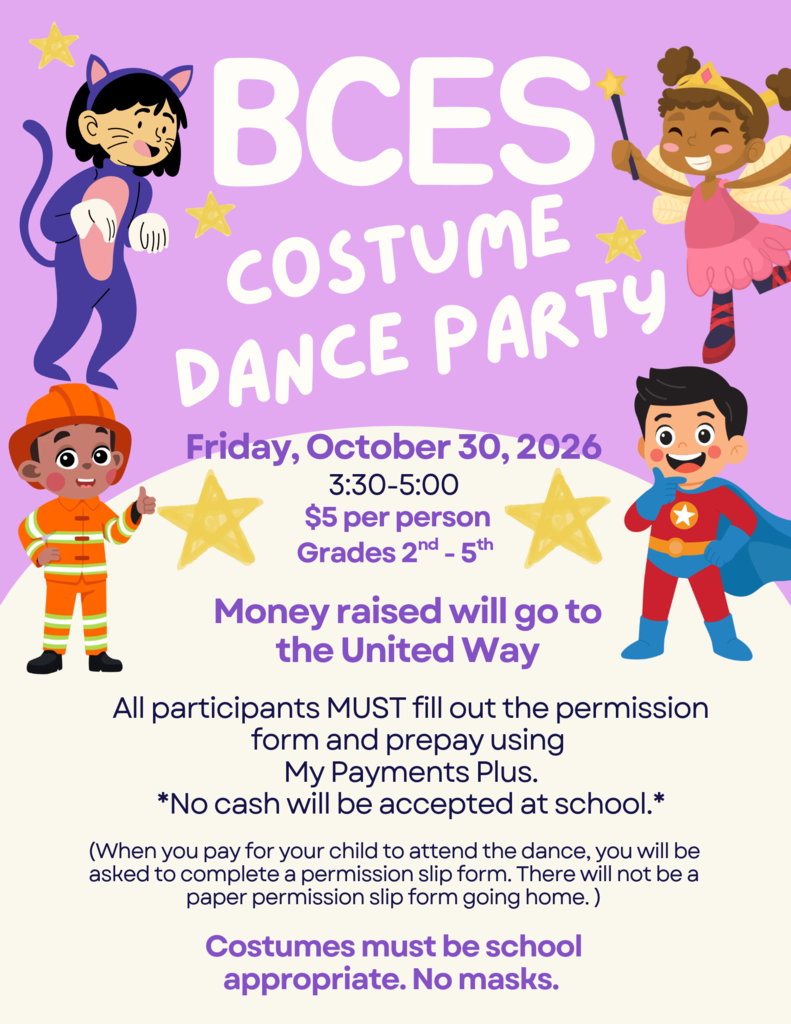 Poster with children's drawings of superheroes, animals, and fairies. Text reads "BCES COSTUME DANCE PARTY" and other details.