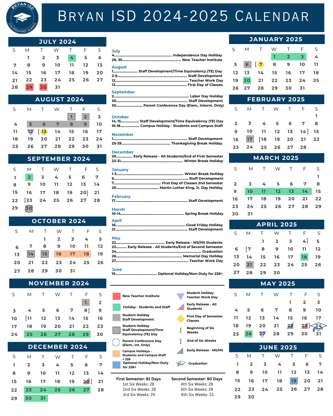 Bryan ISD School Board Adopts Calendar for 2024-2025 School Year | Bryan ISD