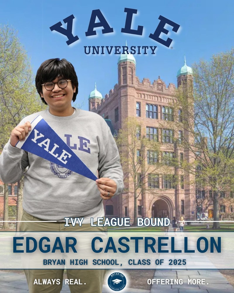 BHS Senior Edgar Castrellon in a Yale sweatshirt, holding a Yale pennant in front of Yale University with the Yale logo above him and his name beneath