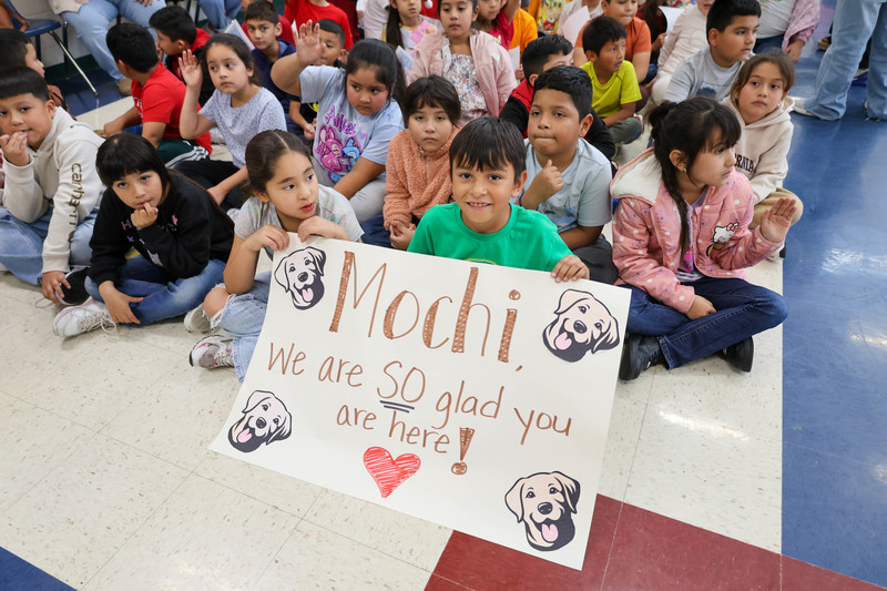 Student holding a Mochi sign