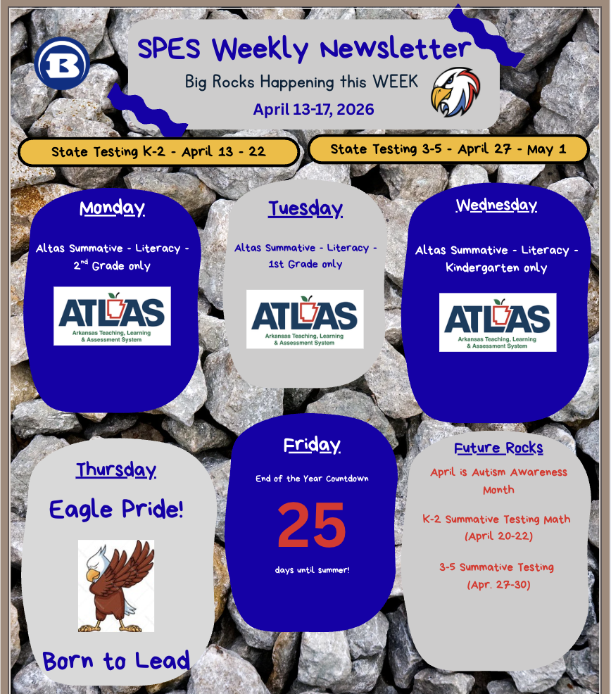 Background is a pic of rocks and then there are 6 big rocks with information happening at SPES this week.