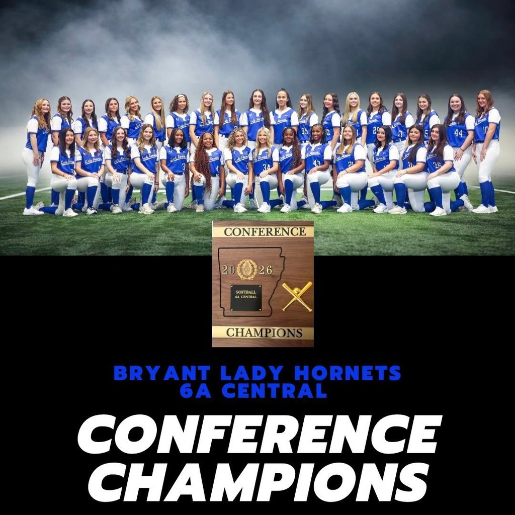 A team photo of athletes in blue uniforms on a field with a "Conference Champions" trophy below.