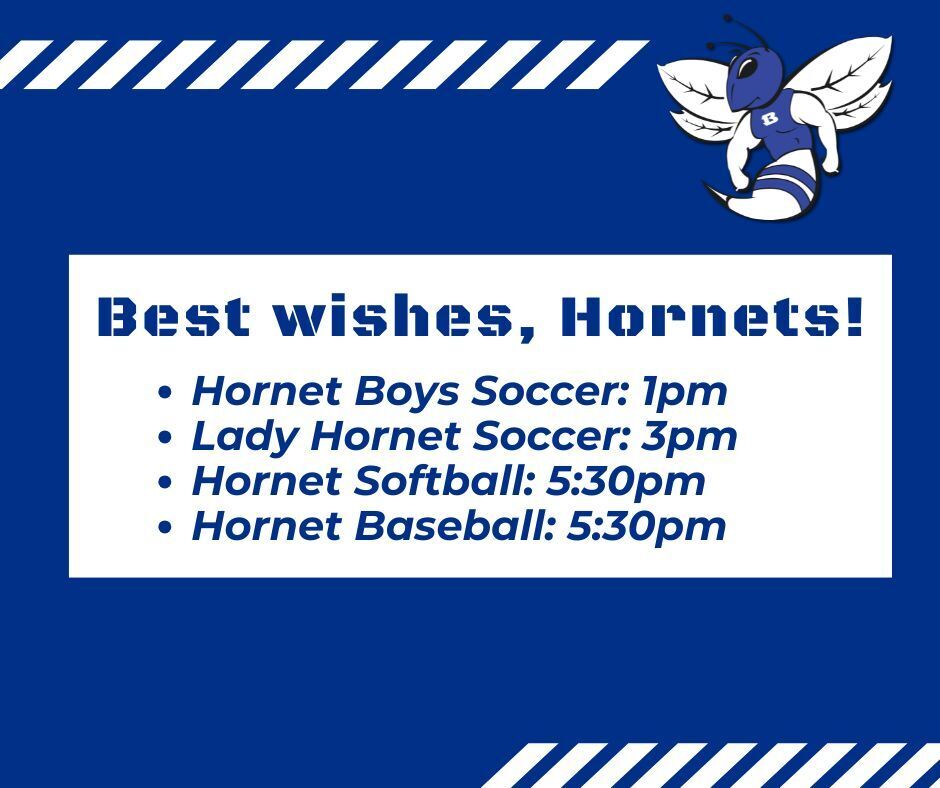 Blue and white striped background with a hornet logo. Text reads "Best wishes, Hornets!" with a list of sports events.