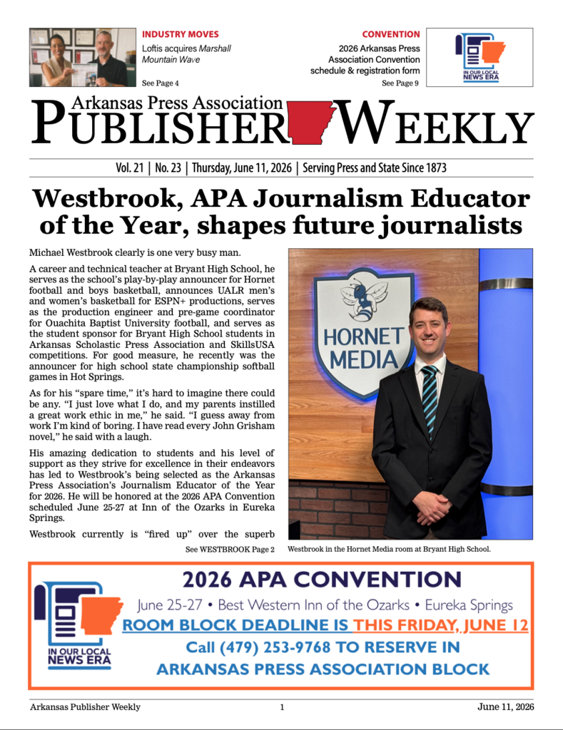 Newspaper page with text "Arkansas Press Association Weekly" and "Westbrook, APA Journalism Educator of the Year" at top.