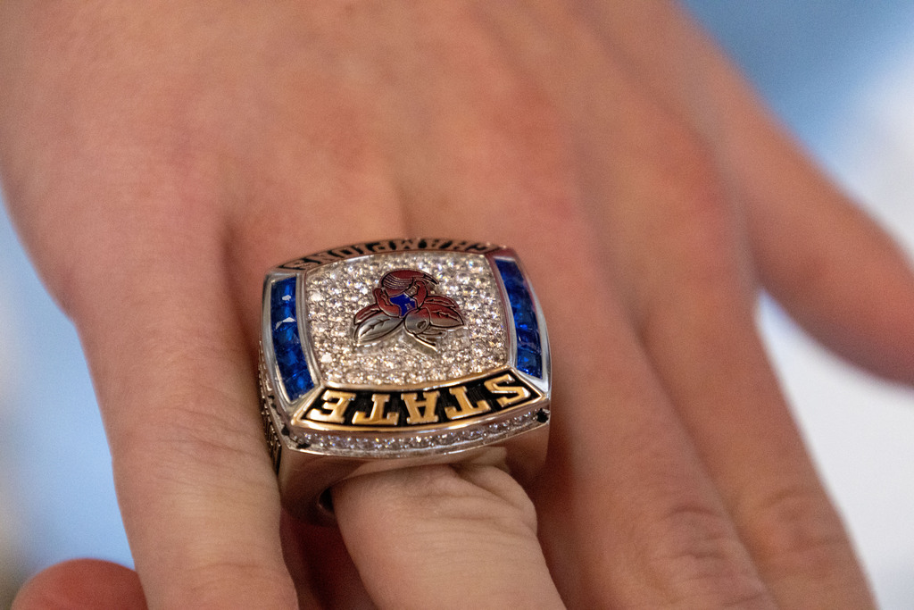 A person's hand with a blue, white, and red ring. The ring has a logo and "STLS" on it.