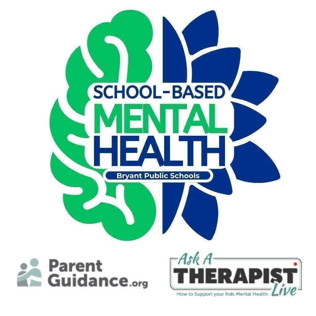 A logo for School-Based Mental Health features a brain silhouette with green and blue leaves. Logos for Parent Guidance and Ask A Therapist appear below.
