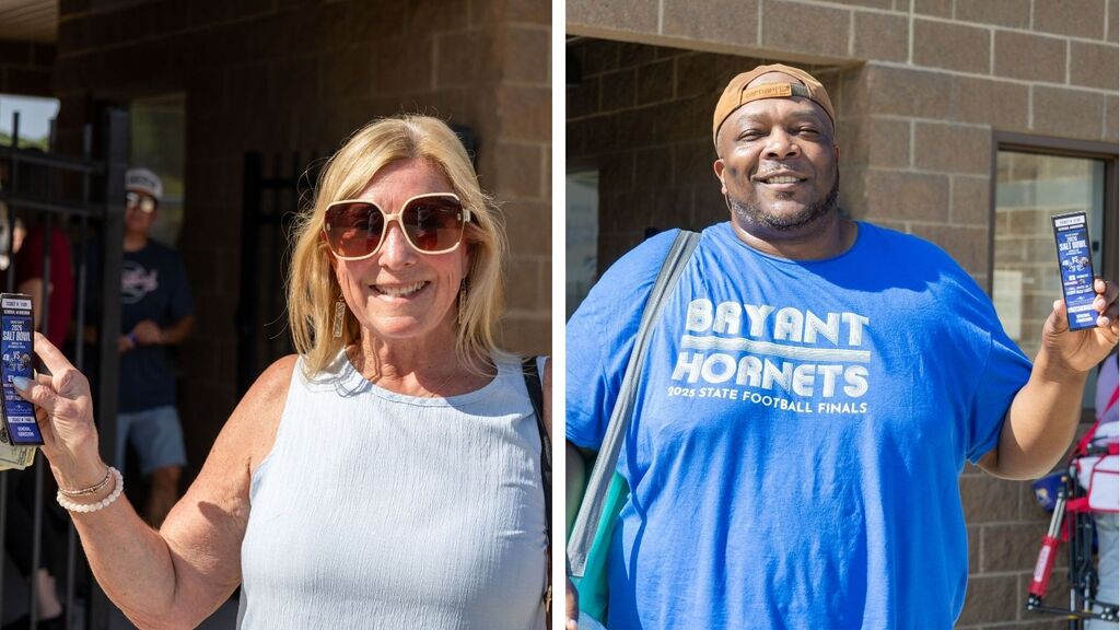 Two photos side by side. A woman with sunglasses and a white tank top. A man in a blue shirt with "Bayant Hornets" and holding a beverage.
