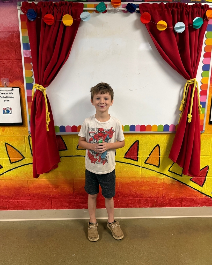 A boy stands before a colorful backdrop with a whiteboard, smiling. The backdrop has red curtains and a yellow sun design.