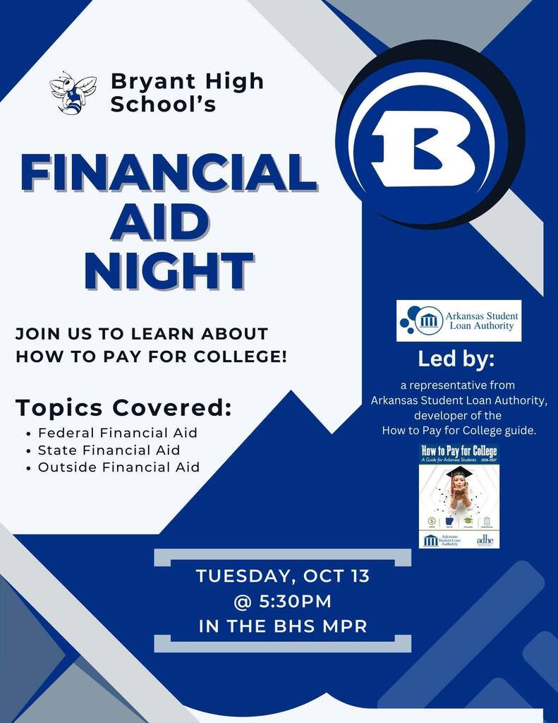 Features title "Financial Aid Night". Hosted by Bryant High School. Date: Tuesday, Oct 13 at 5:30 pm.