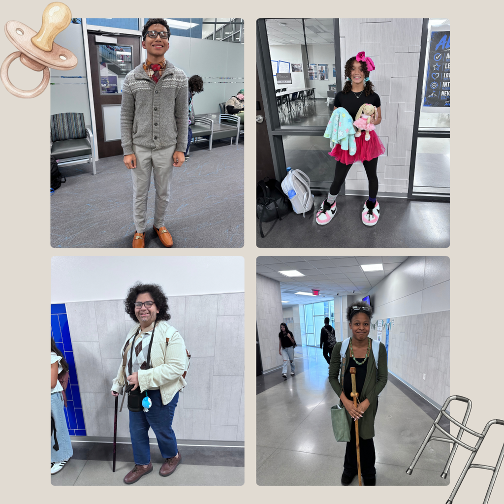 Four photos show diverse individuals in indoor settings. First, a person in a gray outfit. Second, a person with a pink bow and doll. Third, a person with a cane. Fourth, a person with a backpack.
