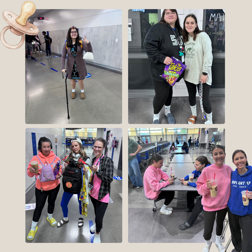Four images of people in a hallway. One person holds a cane, another holds a bag of candy, and others wear colorful hoodies.