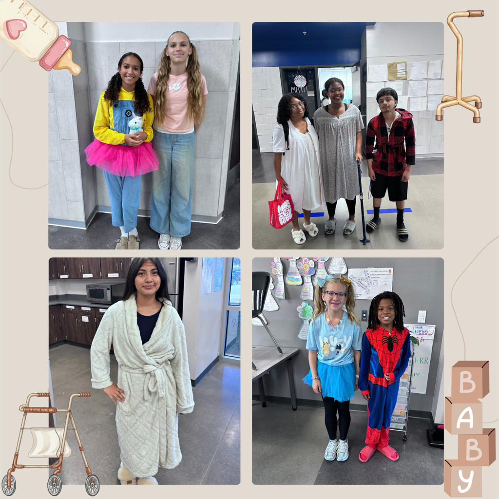 Four photos of children in various costumes in a classroom and hallway setting. Backgrounds include a door, classroom, and kitchen.