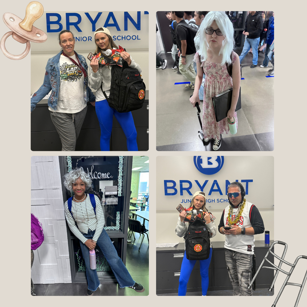 Four collaged images: two people in costumes, one with a backpack, another with a cane; two more people with a school sign.