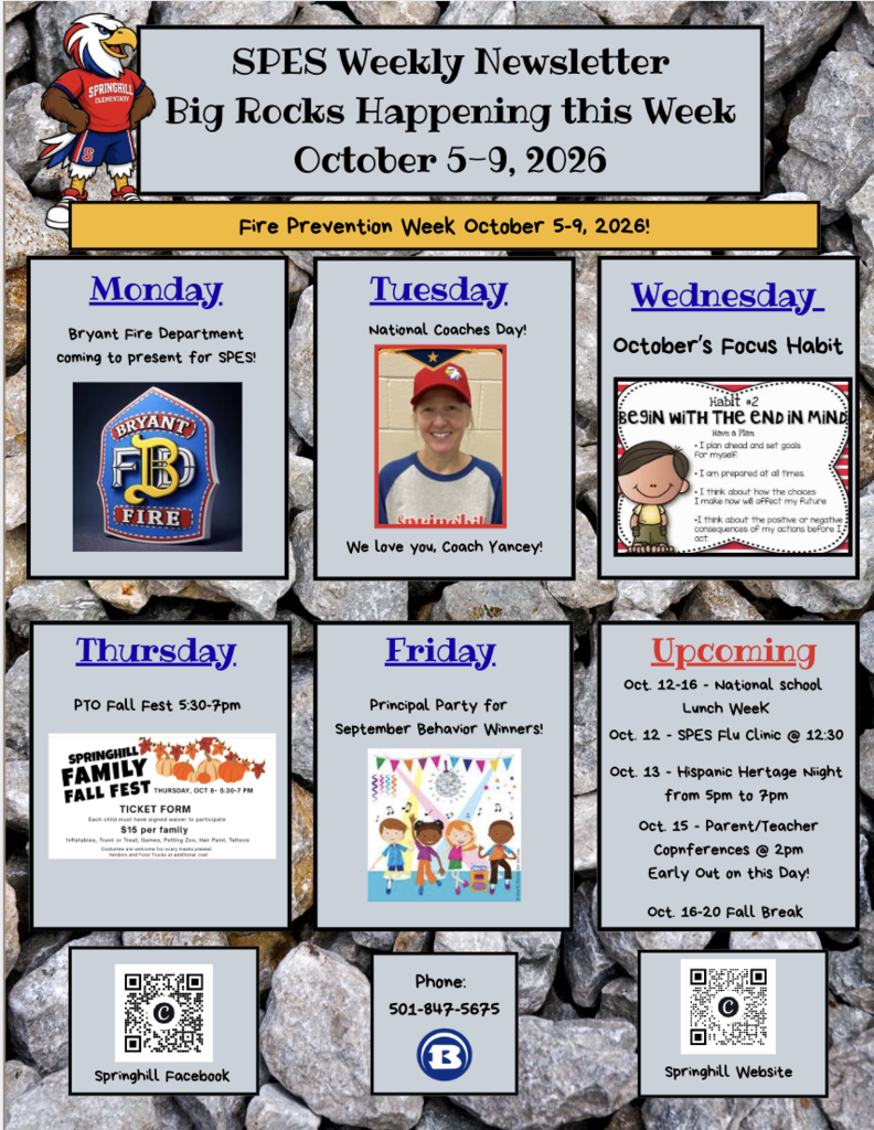 A newsletter features upcoming events. Icons include fire prevention, a coach, and focus halt. QR codes are present at the bottom.
